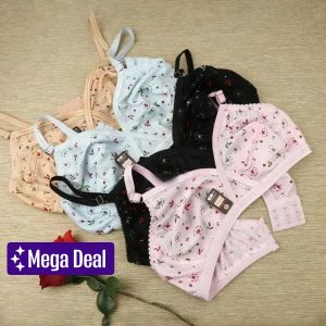 Pack Of 4 Soft Cotton Jersey Printed Bras For Women Multi Color 03 Hooks Adjustable Straps Daily Wear